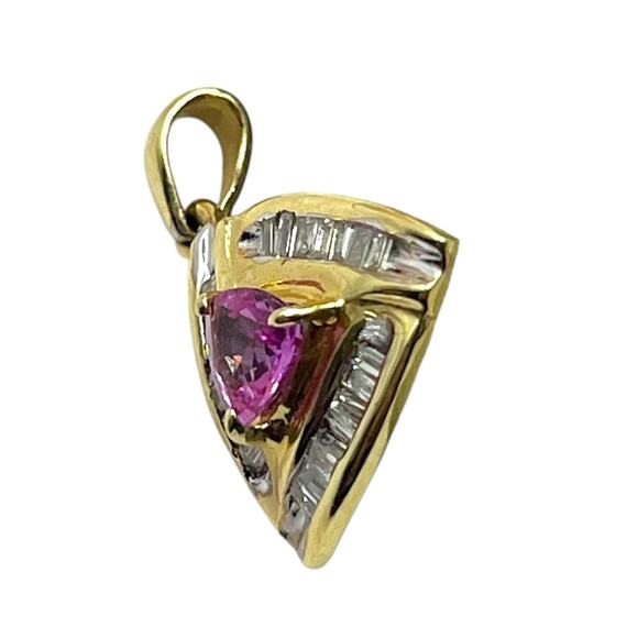 10K Yellow Gold, Pink Stone & Baguette Diamond, Triangular Pendant (15535) - Picture 3 of 5